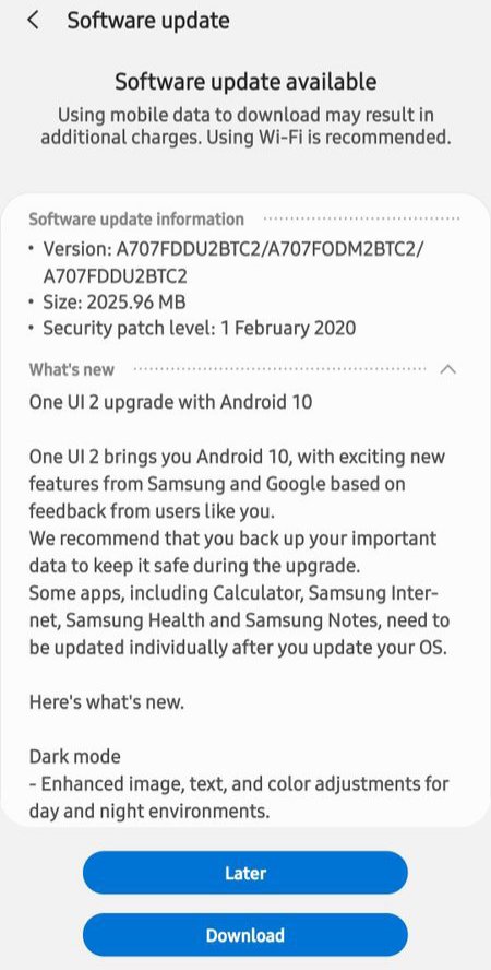 Galaxy A70s Android 10 Update