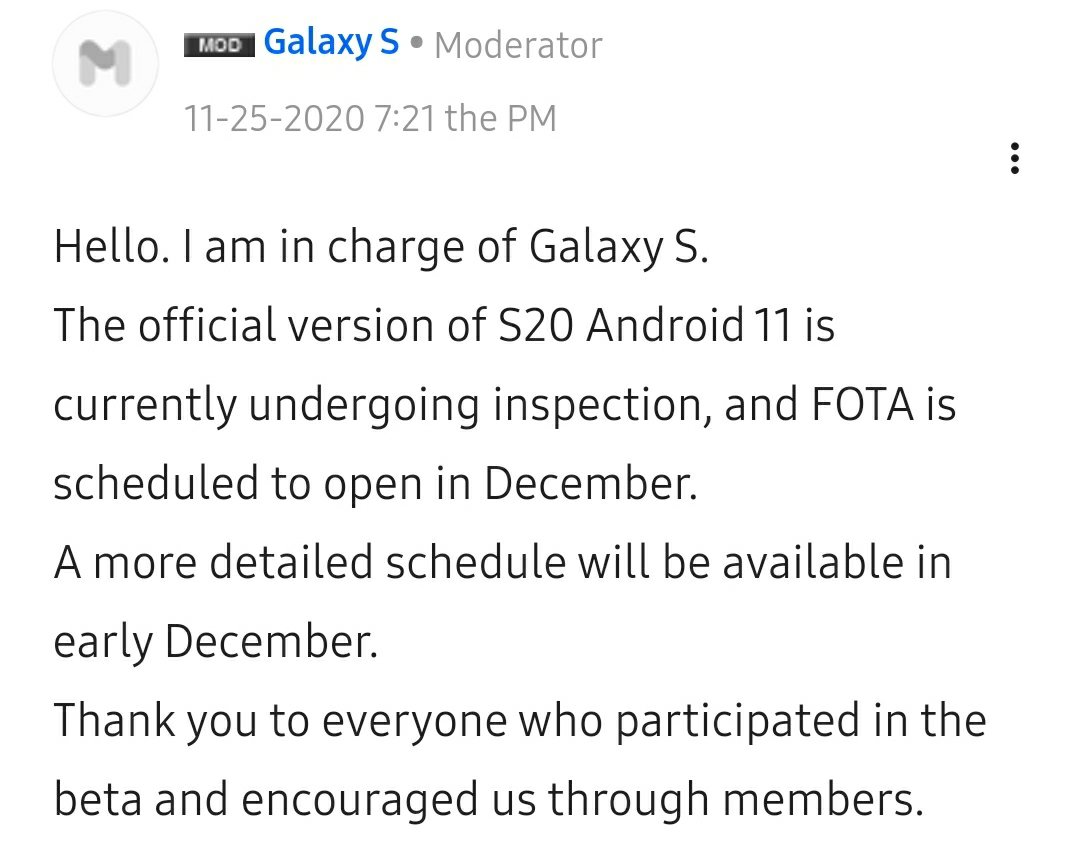 Samsung Android 11 Roadmap